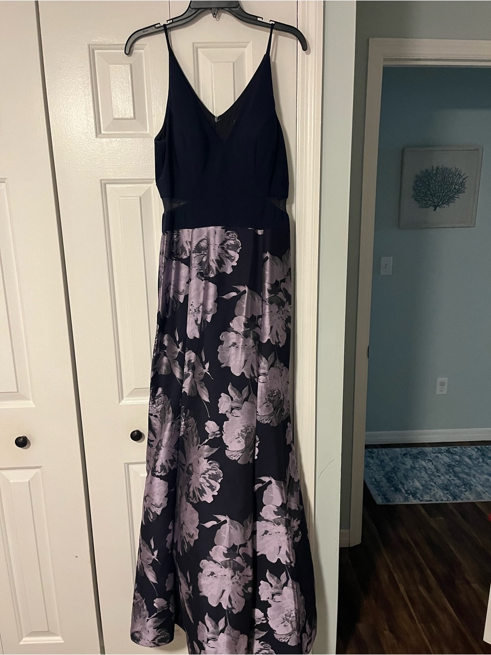 Xscape Navy and Lilac Floral V-Neck Prom Gown
